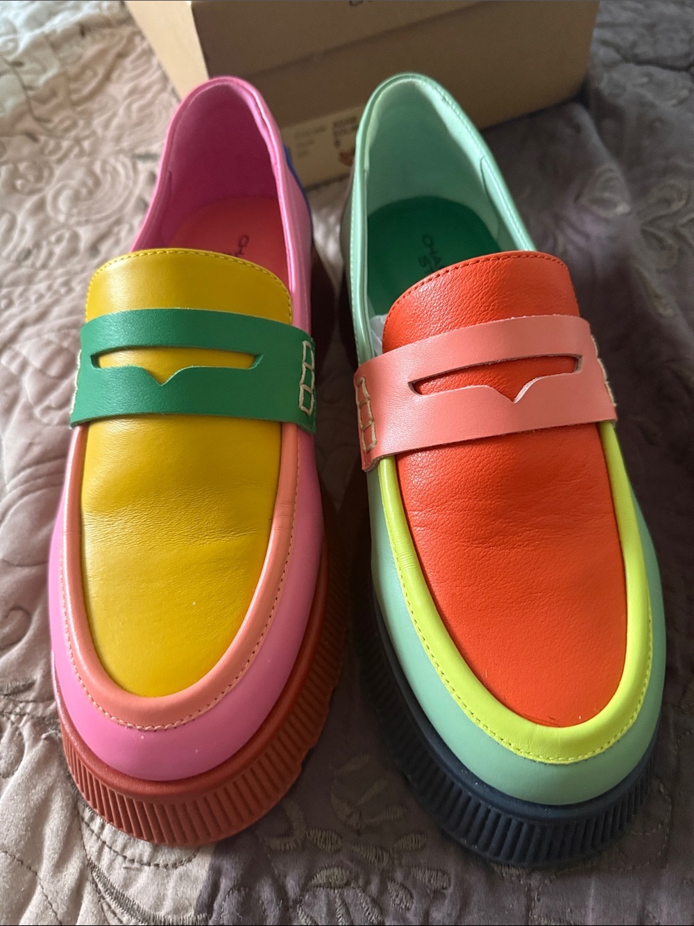 Charlotte Stone Colorblock Leather Penny Loafers - Pink, Green, Yellow, Coral - Picture 4 of 6